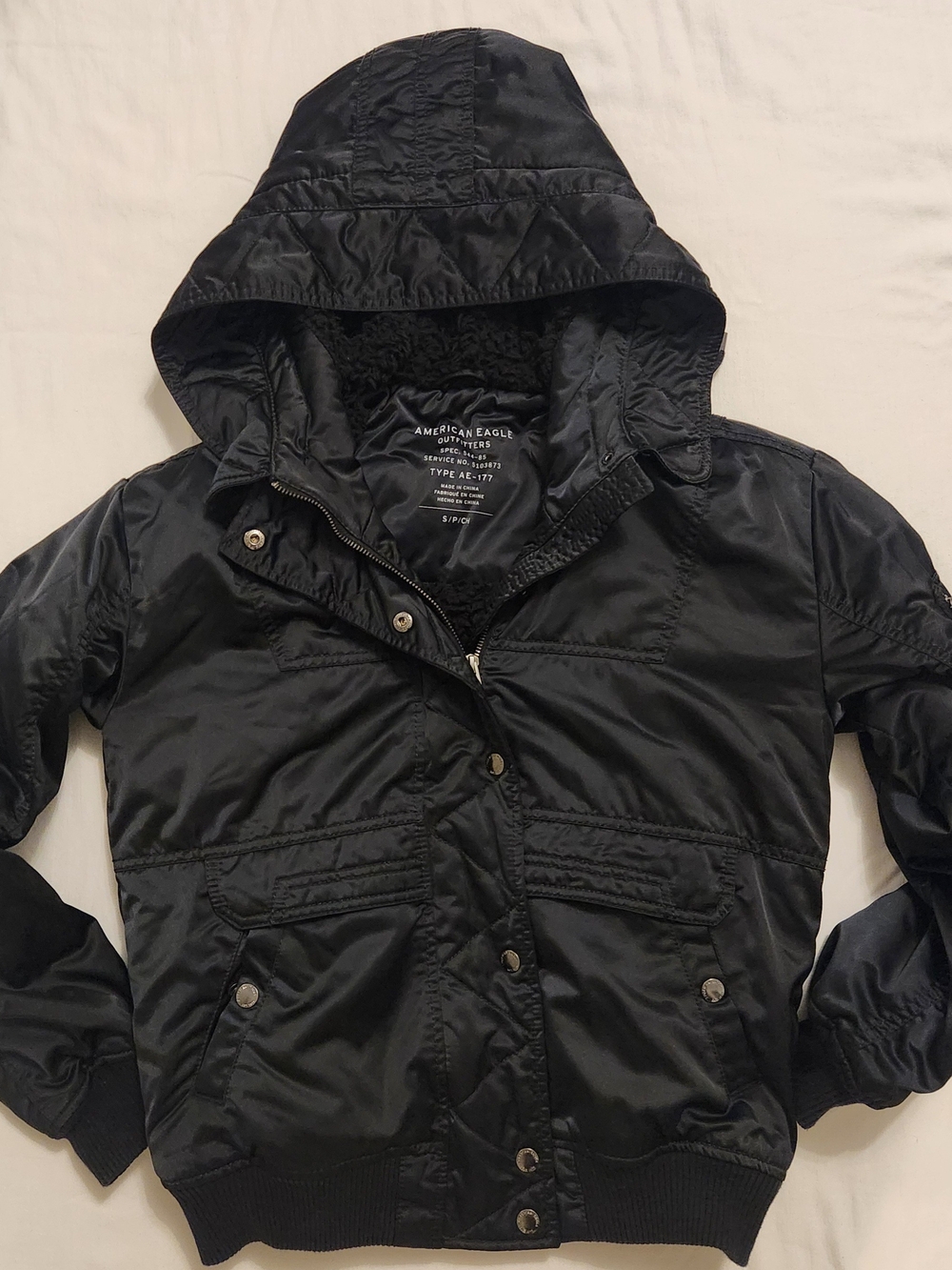 American Eagle Outfitters Black Hooded Bomber Jacket